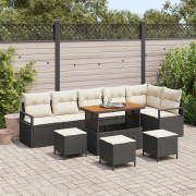 vidaXL 10-delat trädgårdsoff set med kuddar svart poly rattan akacia, ...