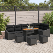 vidaXL 10-delad trädgårdsoffset med kuddar svart poly rattan akacia