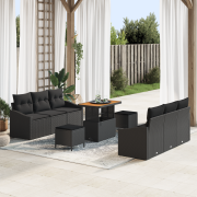 vidaXL 9-delat trädgårdsoff-set med kuddar svart poly rattan akacia