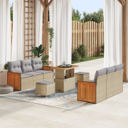 vidaXL 9-delad Trädgårdsoffset med Kuddar Beige Poly Rattan Akacia