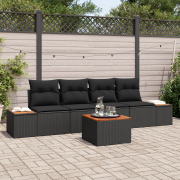 vidaXL 5-delad trädgårdsoffgrupp med dynor Svart Poly Rattan Acacia