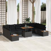 vidaXL 11-delat trädgårdsoff-set med kuddar svart poly rattan