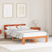vidaXL Sängram med huvudgavel Vaxad brun 140x190 cm Massivt tallträ