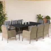 vidaXL Matgrupp för trädgården med dynor 9 delar beige konstrotting
