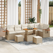 vidaXL 9-delat trädgårdsoffaset med kuddar beige poly rattan akacia