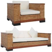 vidaXL Soffgrupp 2 delar med dynor brun naturlig rotting