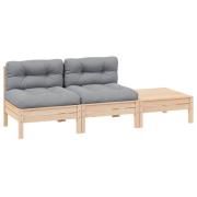 vidaXL Loungegrupp med grå dynor 3 delar massiv furu