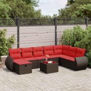 vidaXL Loungegrupp för trädgården med dynor 9 delar konstrotting brun