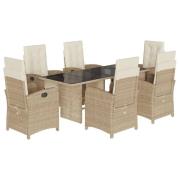 vidaXL Matgrupp för trädgården med dynor 7 delar beige konstrotting