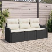 vidaXL Trädgårdsoffset med kudde 3 pcs Svart Poly rattan