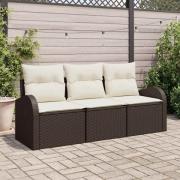 vidaXL Trädgårdsoffset med kudde 3 pcs Brun Poly rattan