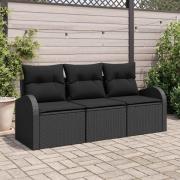 vidaXL Trädgårdsoffset med kudde 3 pcs Svart Poly rattan