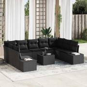 vidaXL Trädgårdsoffset med kudde 10 pcs Svart Poly rattan