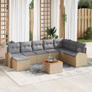 vidaXL Trädgårdsoffset med kudde 9 pcs Beige Poly rattan