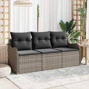 vidaXL Trädgårdsoffset med kudde med lagring 3 pcs Grå Poly rattan