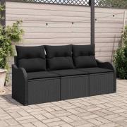 vidaXL Trädgårdsoffset med kudde med lagring 3 pcs Svart Poly rattan