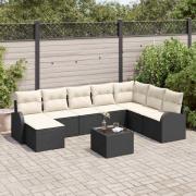 vidaXL Trädgårdsoffset med kudde 9 pcs Svart, vit Poly rattan