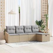 vidaXL Trädgårdsoffset med kudde 5 pcs Beige Poly rattan