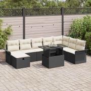 vidaXL Trädgårdsoffset med kudde med lagring 9 pcs Svart Poly rattan
