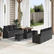 vidaXL Trädgårdsoffset med kudde 9 pcs Svart Poly rattan