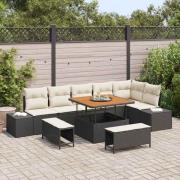 vidaXL Trädgårdsoffset med kudde 9 pcs Svart Poly rattan