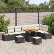 vidaXL Trädgårdsoffset med kudde 9 pcs Svart Poly rattan