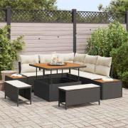 vidaXL Trädgårdsoffset med kudde med lagring 8 pcs Svart Poly rattan