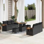 vidaXL Trädgårdsoffset med kudde med lagring 9 pcs Svart Poly rattan