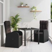 vidaXL Trädgårdsmöbelset med kudde 3 pcs Svart konstrotting