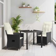 vidaXL Trädgårdsmöbelset med kudde 3 pcs Svart Poly rattan