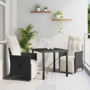 vidaXL Trädgårdsmöbelset med kudde 3 pcs Svart Poly rattan