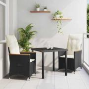 vidaXL Trädgårdsmöbelset med kudde 3 pcs Svart Poly rattan