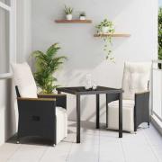 vidaXL Trädgårdsmöbelset med kudde 3 pcs Svart Poly rattan