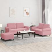vidaXL Soffgrupp med dynor 3 delar rosa sammet