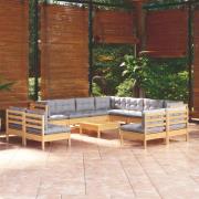 vidaXL Loungegrupp med grå dynor 12 delar massiv furu