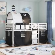 vidaXL Loftsäng med gardiner vit&svart 90x200 cm massiv furu