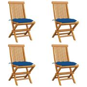 vidaXL Trädgårdsstolar med blåa dynor 4 st massiv teak