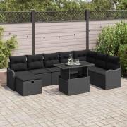 vidaXL Trädgårdsoffset med kudde med lagring 9 pcs Svart Poly rattan