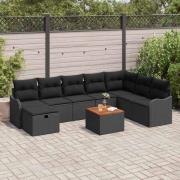 vidaXL Trädgårdsoffset med kudde med lagring 9 pcs Svart Poly rattan