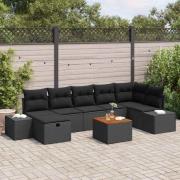 vidaXL Trädgårdsoffset med kudde med lagring 8 pcs Svart Poly rattan