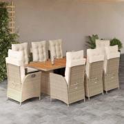 vidaXL Matgrupp för trädgården med dynor 9 delar beige konstrotting