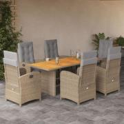vidaXL Matgrupp för trädgården med dynor 7 delar beige konstrotting