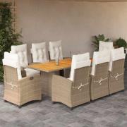 vidaXL Matgrupp för trädgården med dynor 9 delar beige konstrotting