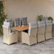 vidaXL Matgrupp för trädgården med dynor 9 delar mixbeige konstrotting