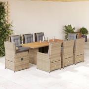 vidaXL Matgrupp för trädgården med dynor 9 delar beige konstrotting