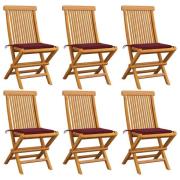 vidaXL Trädgårdsstolar med vinröda dynor 6 st massiv teak