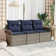 vidaXL Trädgårdsoffset med kudde med lagring 3 pcs Grå Poly rattan