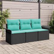vidaXL Trädgårdsoffset med kudde med lagring 3 pcs Svart Poly rattan
