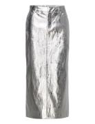 Mango Metallic Midi Skirt Silver