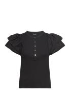 Lauren Ralph Lauren Stretch Cotton Flutter-Sleeve Henley Top Svart